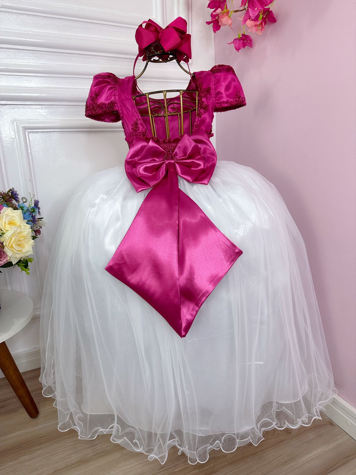 Vestido Infantil Pink C/ Renda Saia Branca Damas Longo