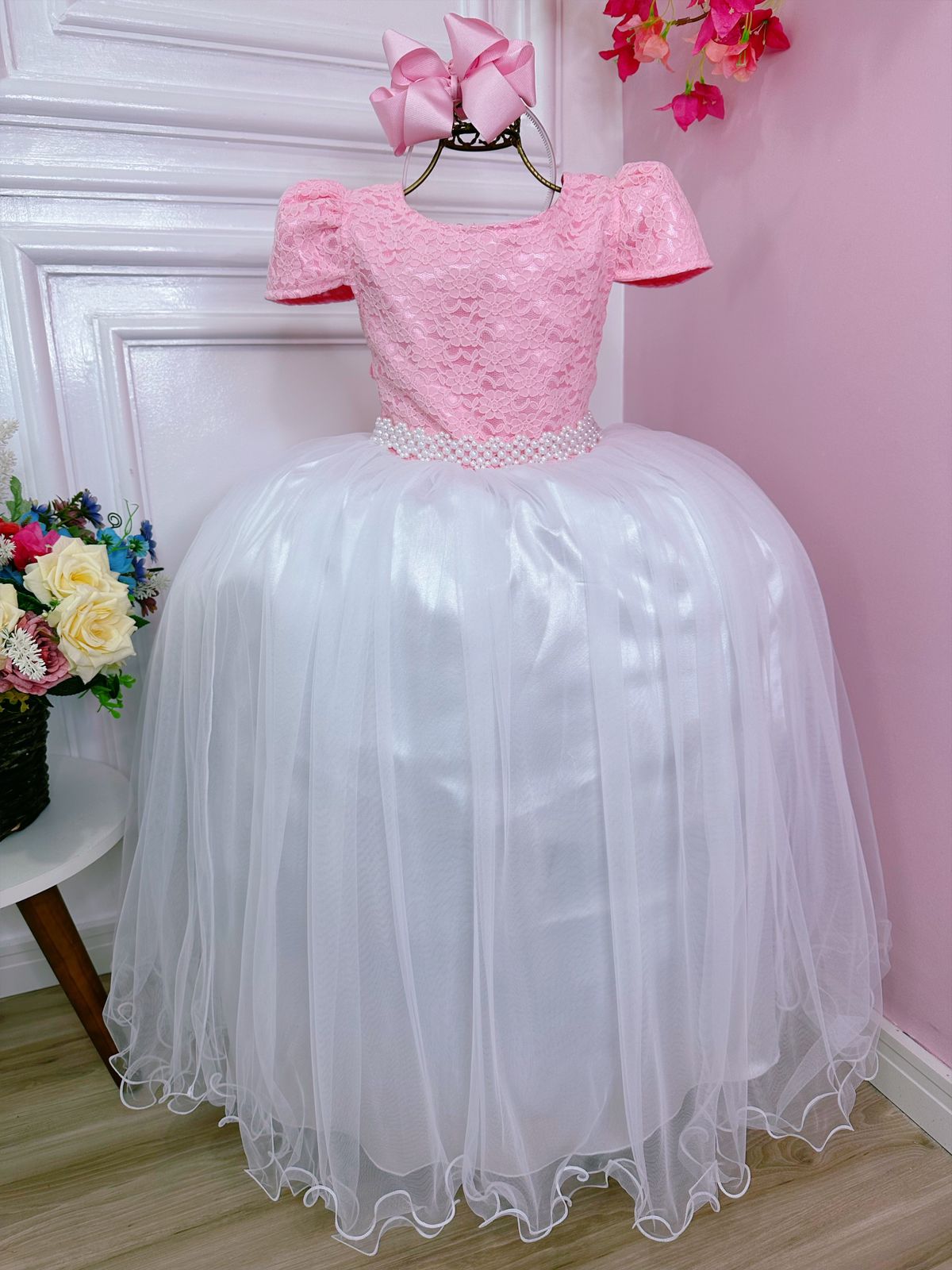Vestido infantil rosa con encaje y falda blanca, largo para mujer