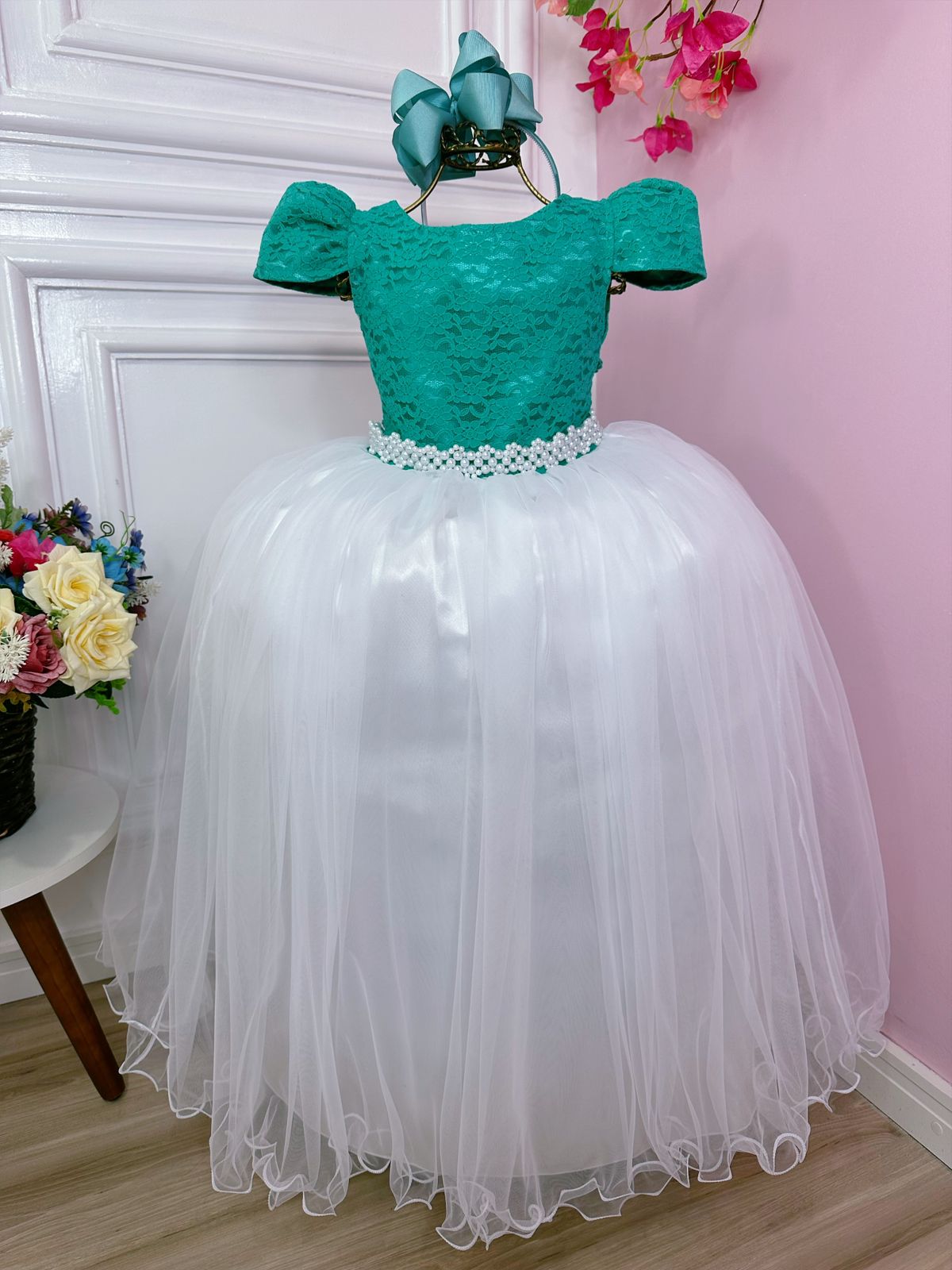 Vestido Infantil Verde C/ Renda Saia Branca Damas Longo