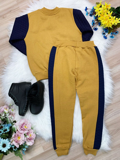 Conjunto de sudadera, chaqueta y pantalón color caqui y azul marino