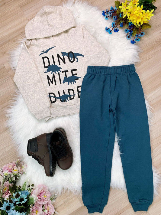 Conjunto de sudadera con capucha color marfil, top con capucha y pantalón azul petróleo 