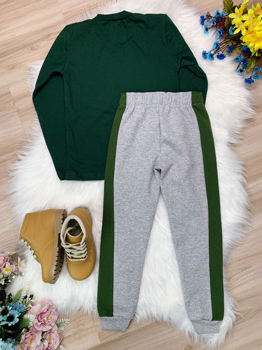 Conjunto de sudadera, blusa y pantalón gris verde oscuro 