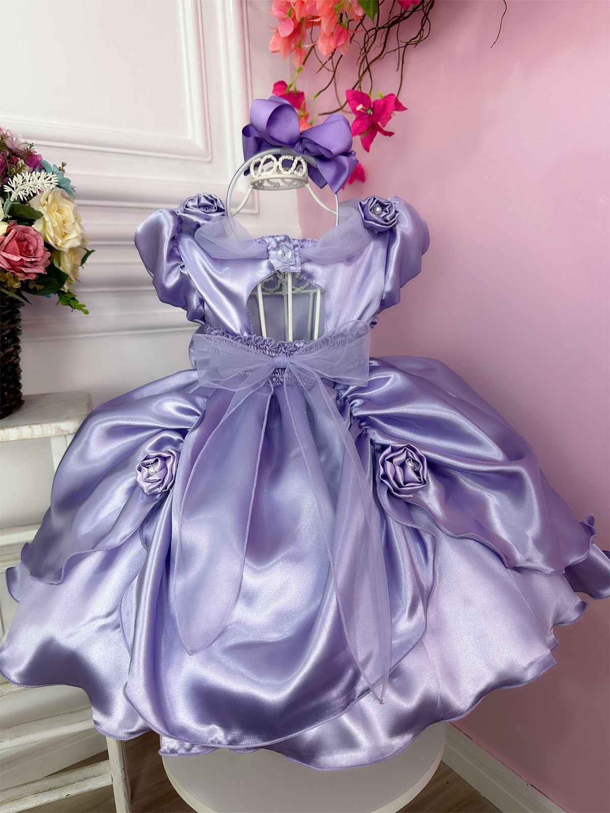 Vestido Infantil Lilás Aplique Flor Princesas
