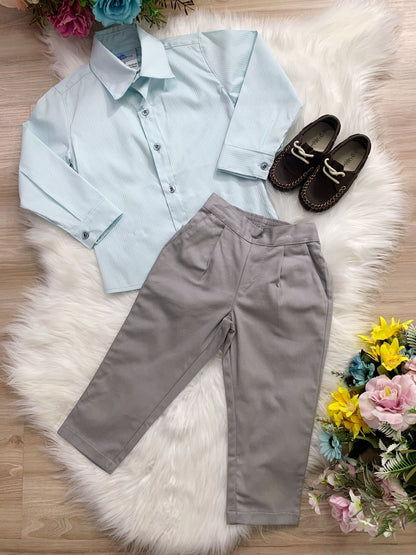 Conjunto Formal Camisa Verde y Pantalón de Sarga Gris 