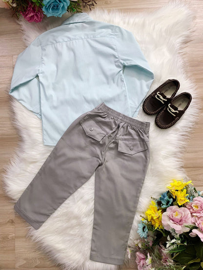 Conjunto Formal Camisa Verde y Pantalón de Sarga Gris 