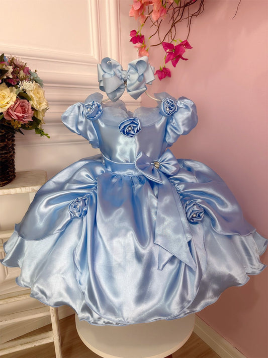 Vestido infantil azul de Cenicienta Frozen con apliques de flores de lujo 