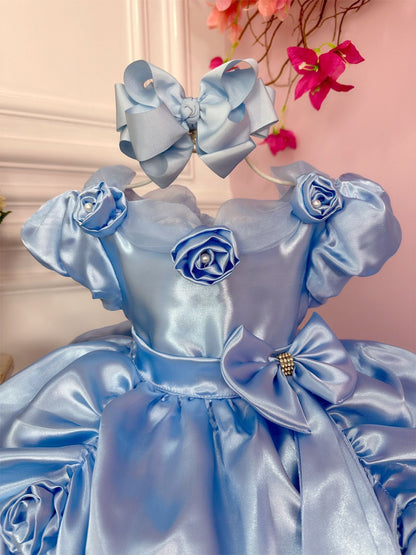 Vestido infantil azul de Cenicienta Frozen con apliques de flores de lujo 