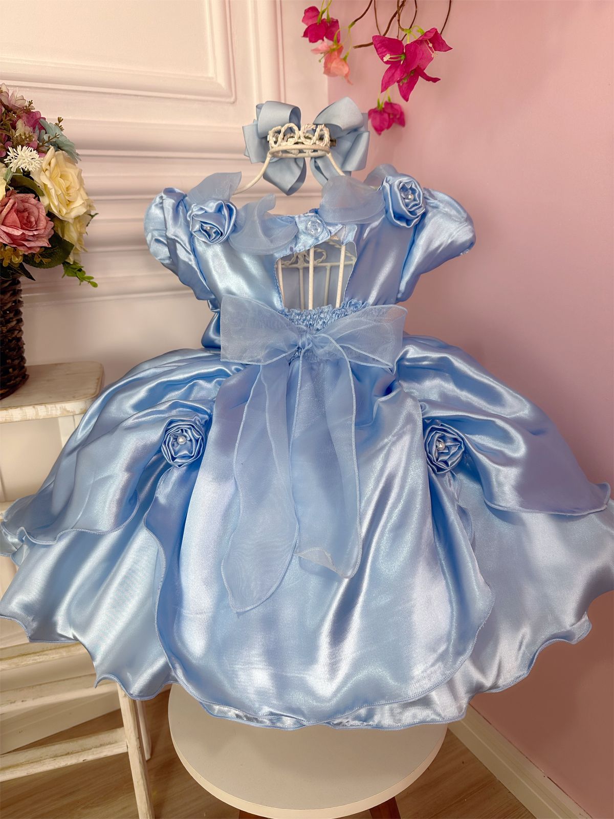 Vestido Infantil Cinderela Frozen Azul C/ Aplique de Flores Luxo
