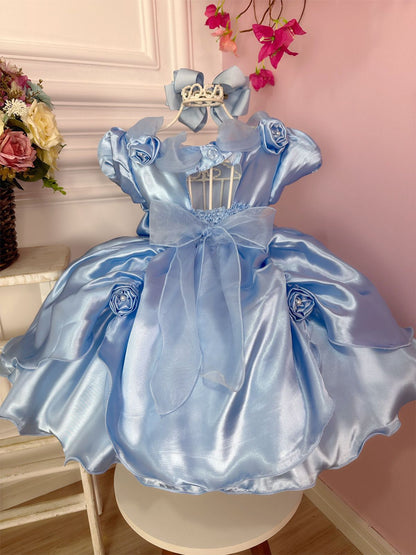 Vestido infantil azul de Cenicienta Frozen con apliques de flores de lujo 