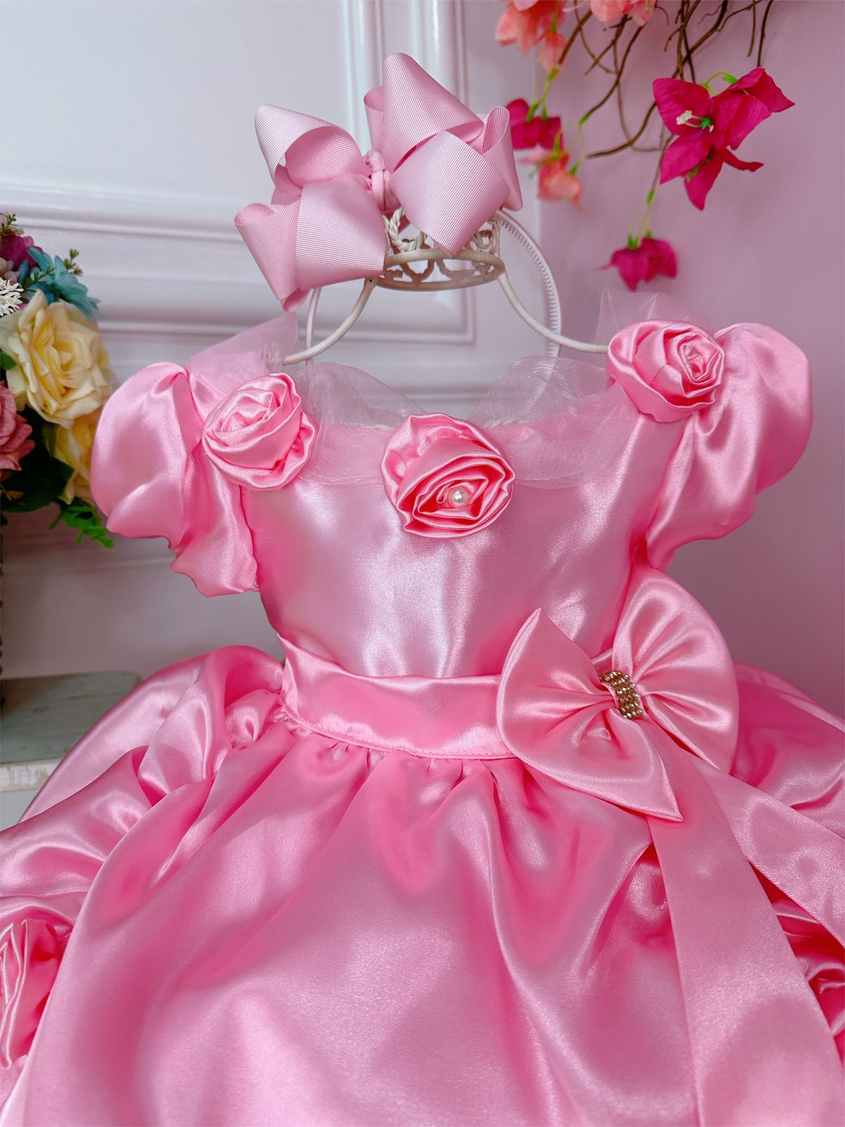 Vestido Infantil Princesa Rosa Com Aplique de Flores