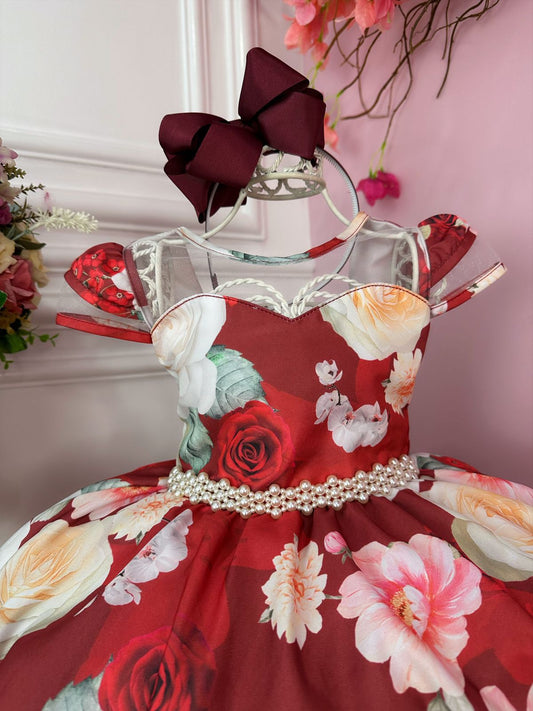 Vestido infantil con estampado floral Marsala y cinturón de perlas de lujo