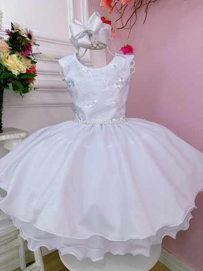 Vestido Infantil Branco C/ Renda Damas e Cinto de Pérolas