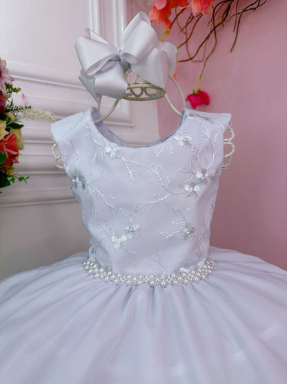 Vestido Infantil Branco C/ Renda Damas e Cinto de Pérolas