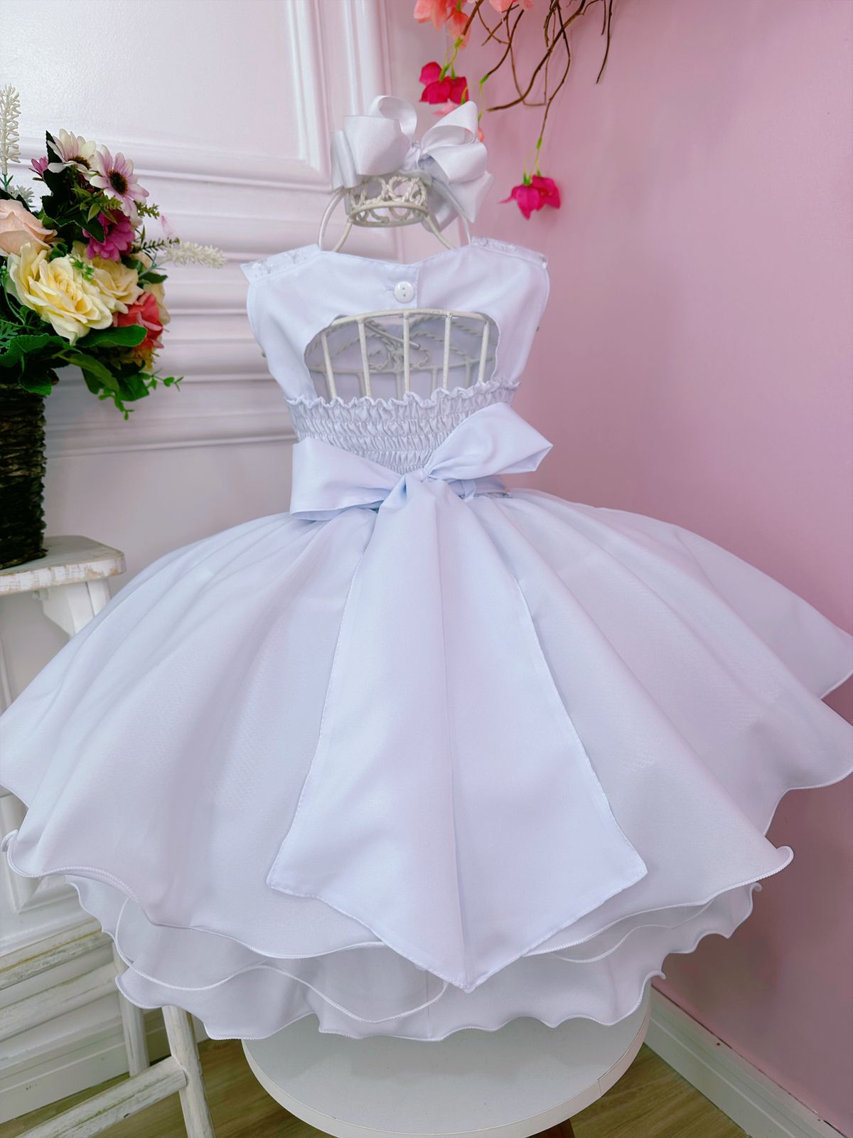 Vestido Infantil Branco C/ Renda Damas e Cinto de Pérolas