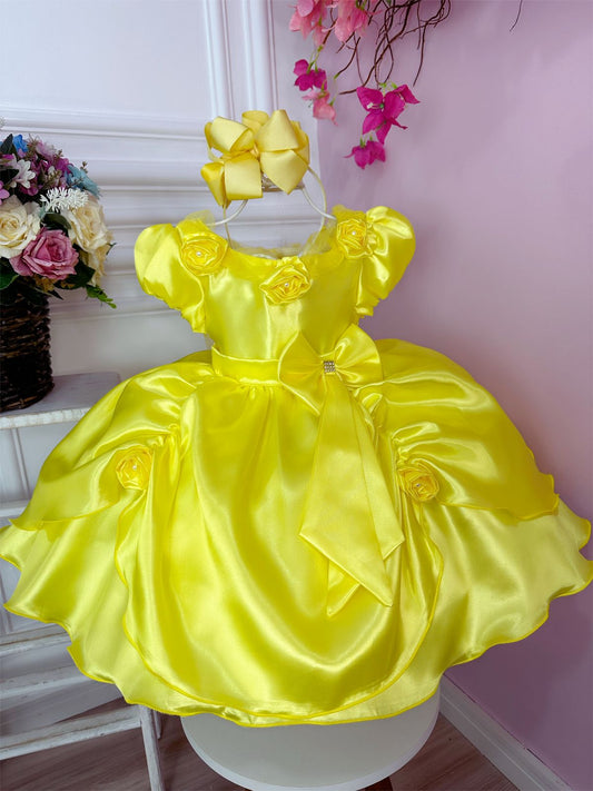 Vestido infantil amarillo de La Bella y la Bestia con apliques de flores