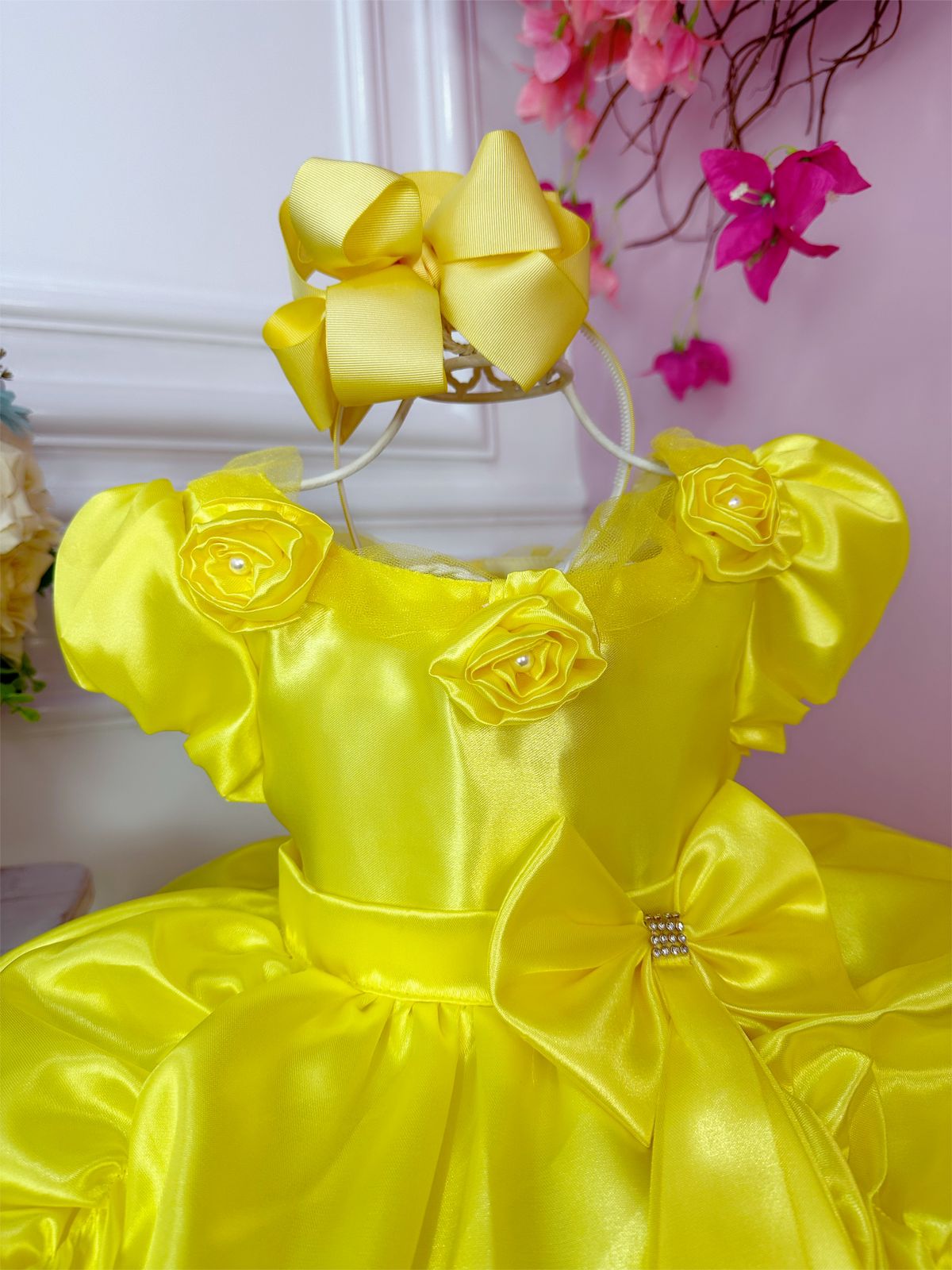 Vestido Infantil Bela e a Fera Amarelo C/ Aplique Flores