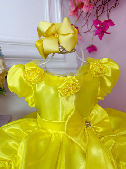 Vestido infantil amarillo de La Bella y la Bestia con apliques de flores
