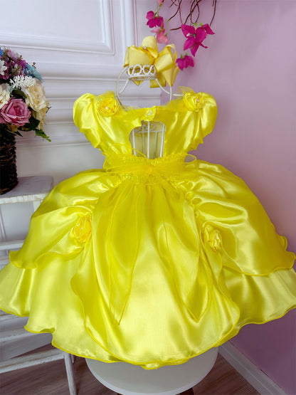 Vestido infantil amarillo de La Bella y la Bestia con apliques de flores