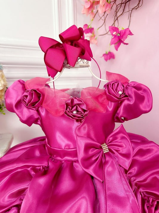 Vestido infantil con apliques de flores de princesa rosa 
