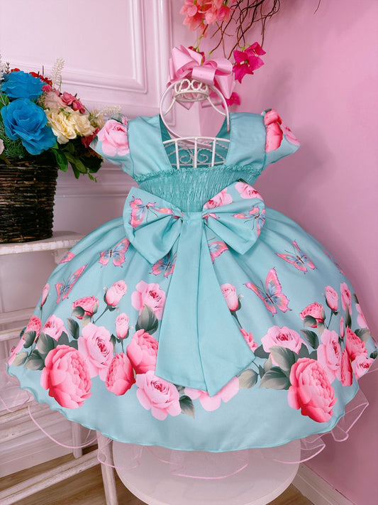 Vestido infantil con diamantes de imitación y mariposas verdes