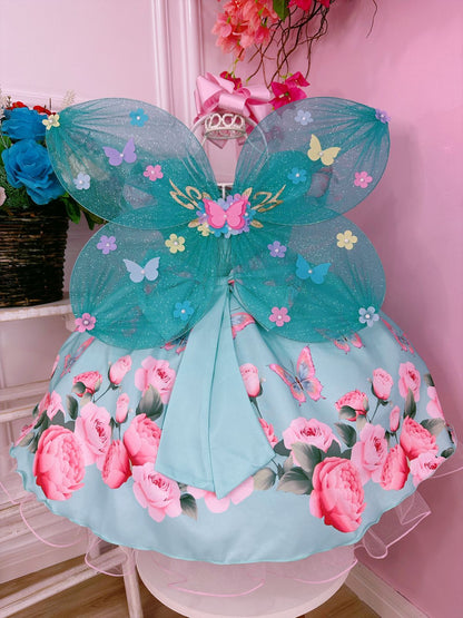 Vestido infantil con diamantes de imitación y mariposas verdes