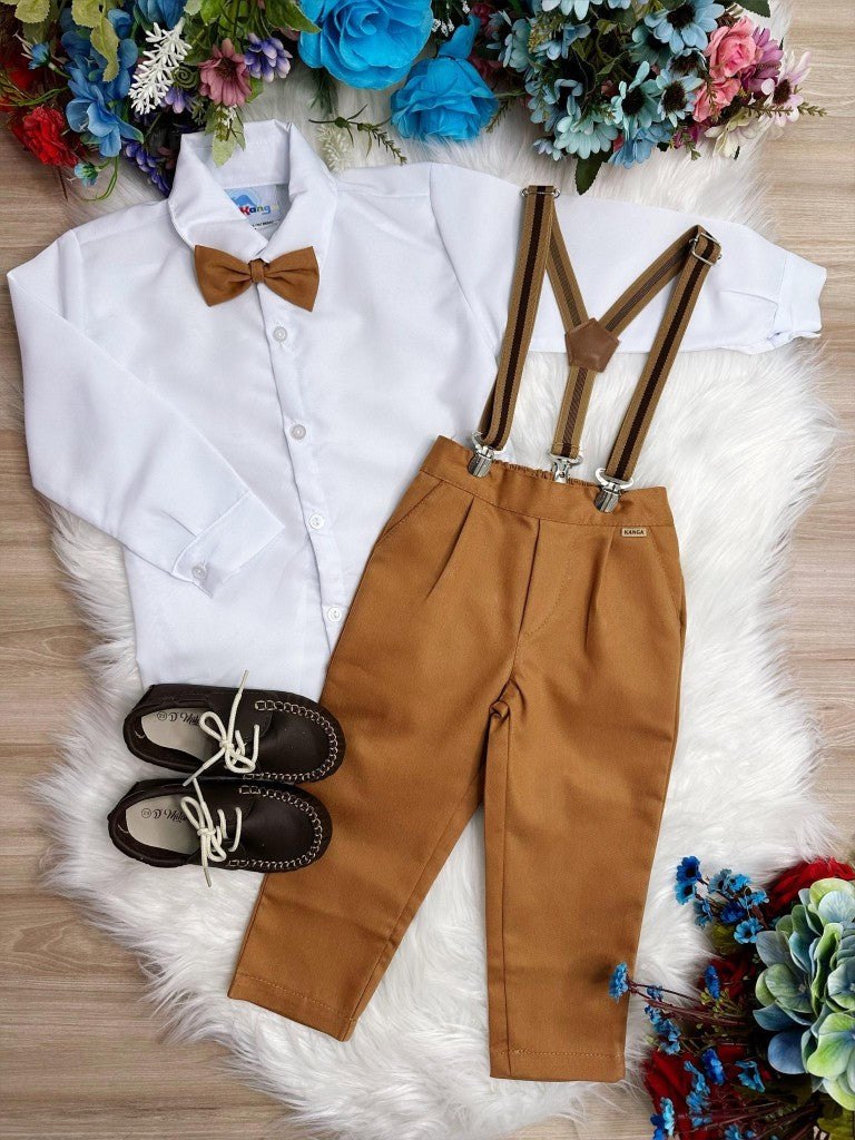 Conjunto formal con camisa blanca y pantalón con tirantes color caramelo