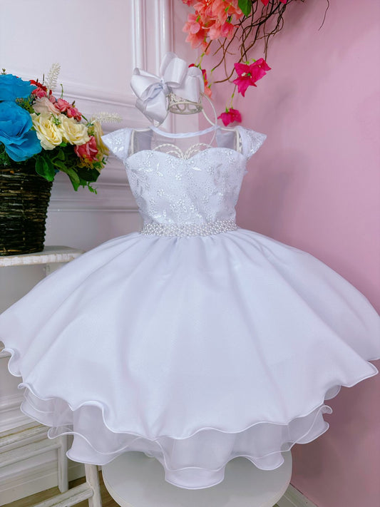Vestido infantil blanco con purpurina, encaje y cinturón de perlas