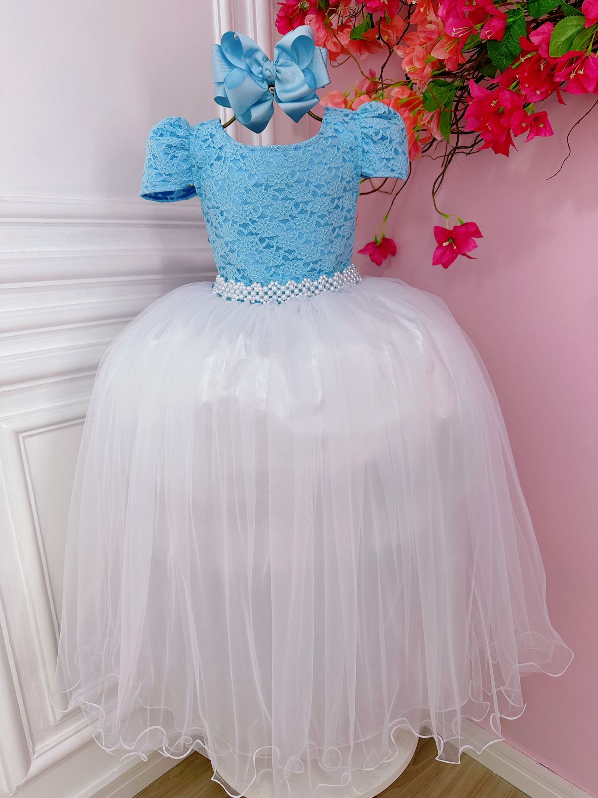 Vestido infantil azul con encaje y falda blanca larga para mujer