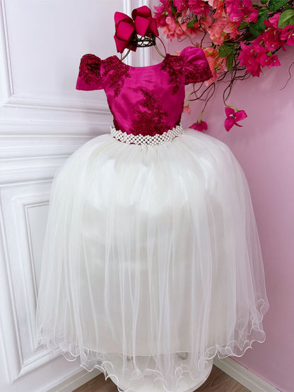 Vestido infantil rosa con encaje y falda blanquecina larga para mujer