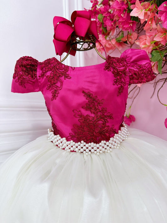 Vestido infantil rosa con encaje y falda blanquecina larga para mujer
