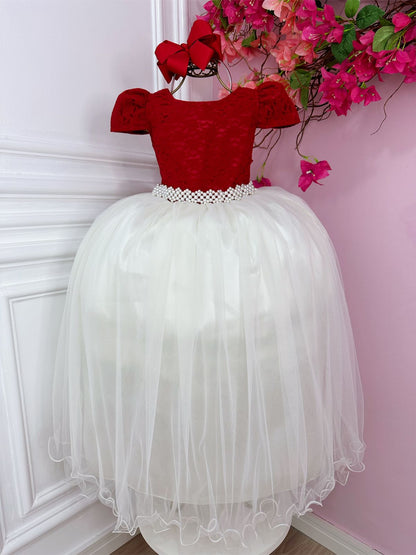 Vestido infantil de encaje rojo y falda larga color hueso