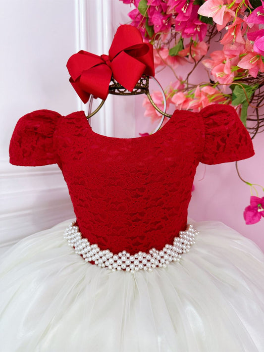 Vestido infantil de encaje rojo y falda larga color hueso