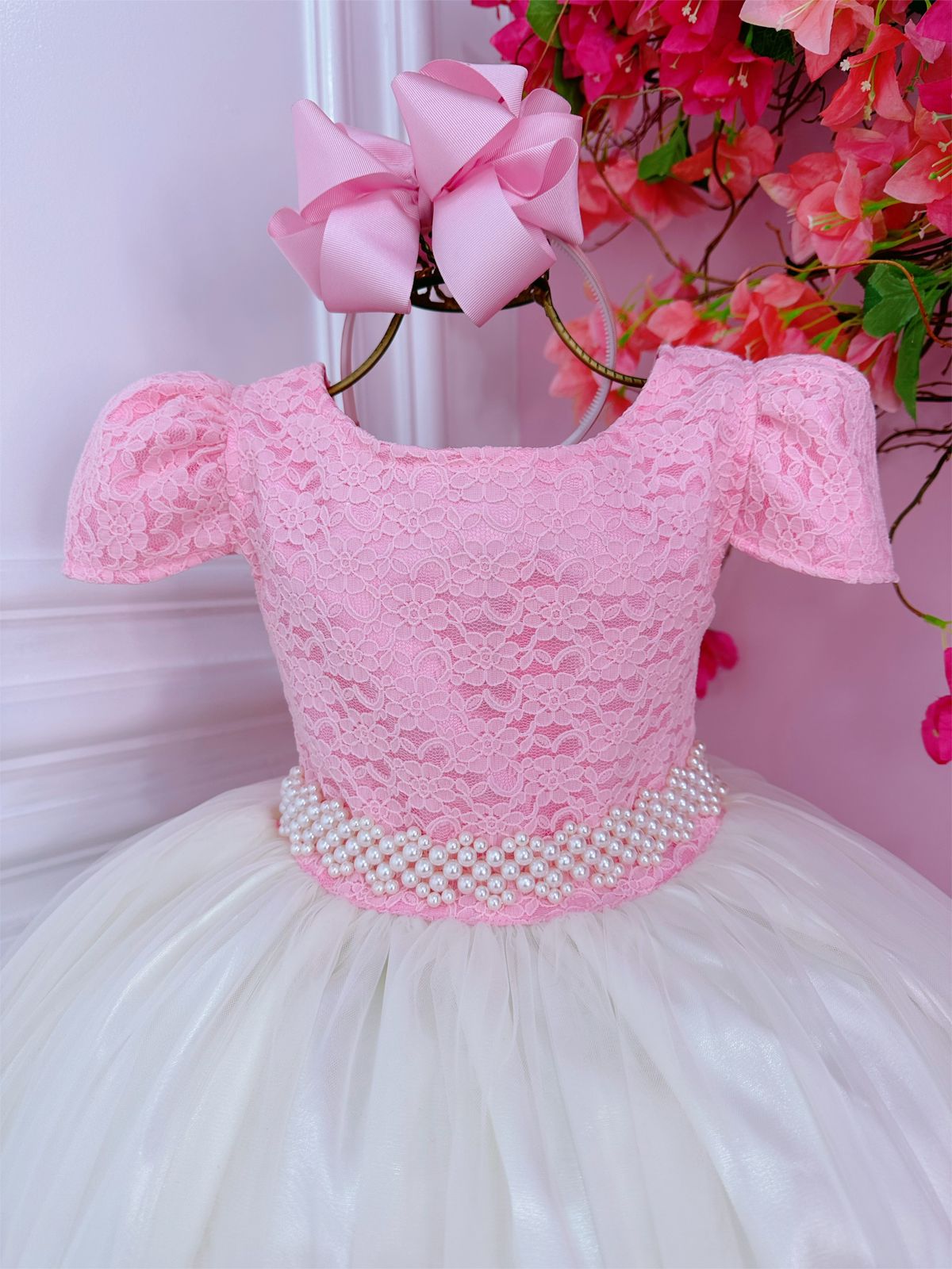 Vestido Infantil Rosa C/ Renda e Saia Off White Damas Longo