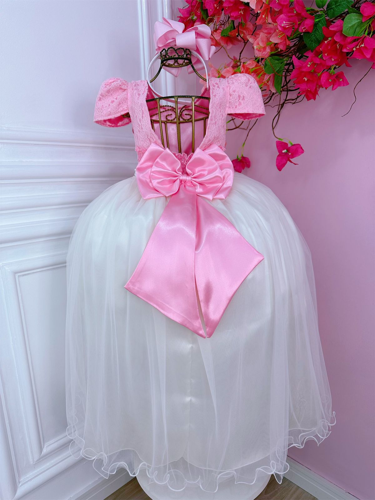Vestido Infantil Rosa C/ Renda e Saia Off White Damas Longo