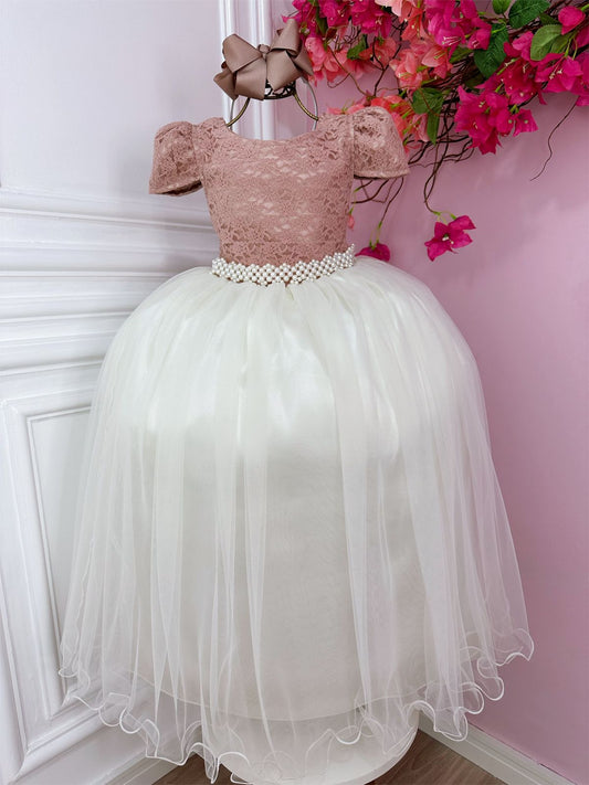 Vestido infantil rosa con encaje y falda blanquecina larga para mujer
