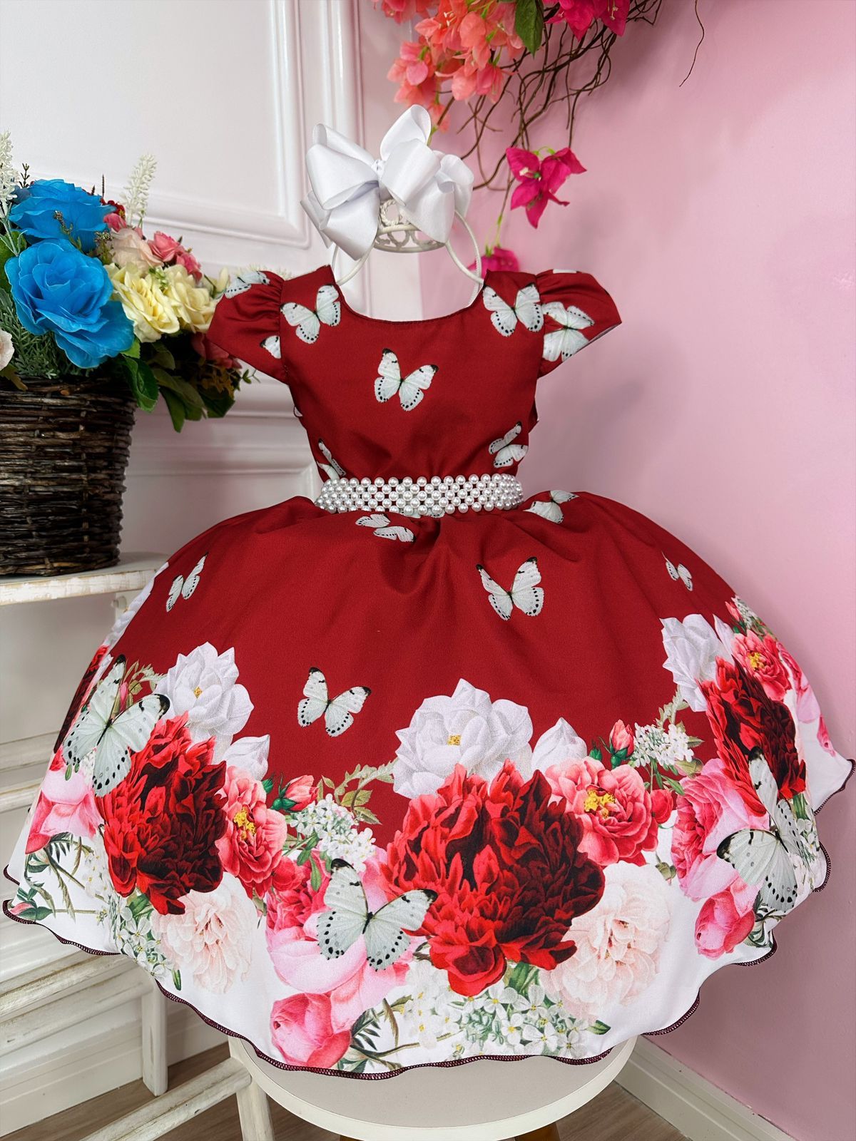 Vestido infantil con perlas del Jardín de Mariposas Marsala