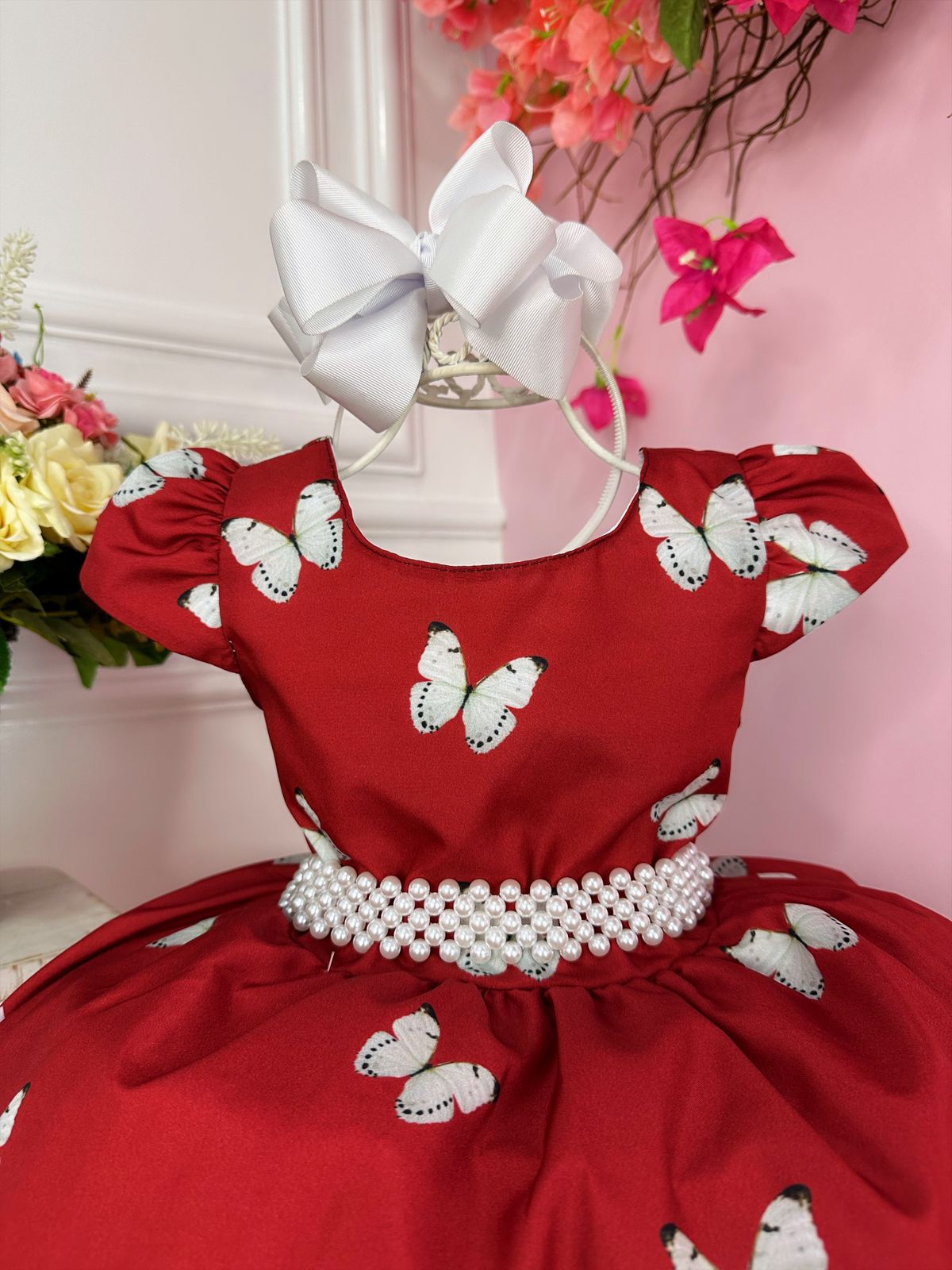Vestido infantil con perlas del Jardín de Mariposas Marsala