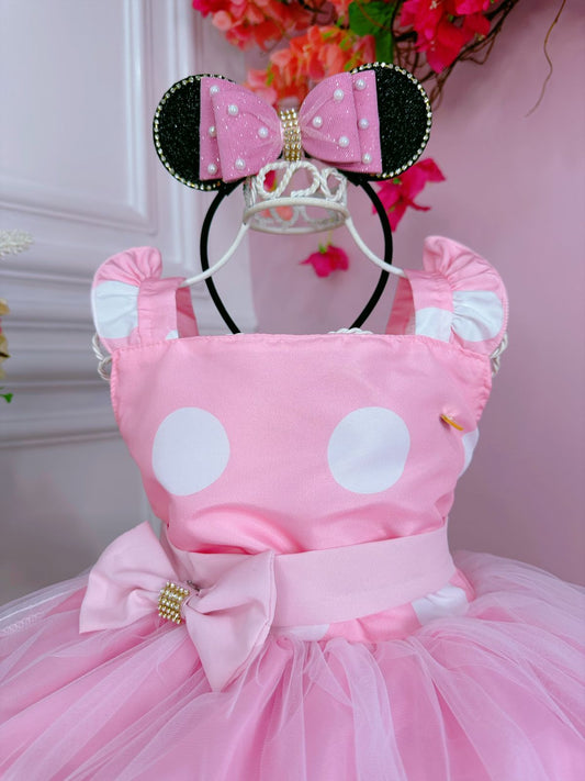 Vestido infantil de lunares rosas con broche de diamantes de imitación de lujo 