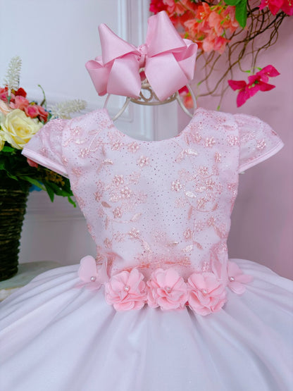 Vestido infantil rosa con encaje y apliques de flores