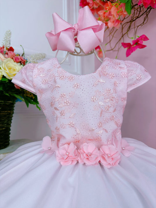 Vestido infantil rosa con encaje y apliques de flores