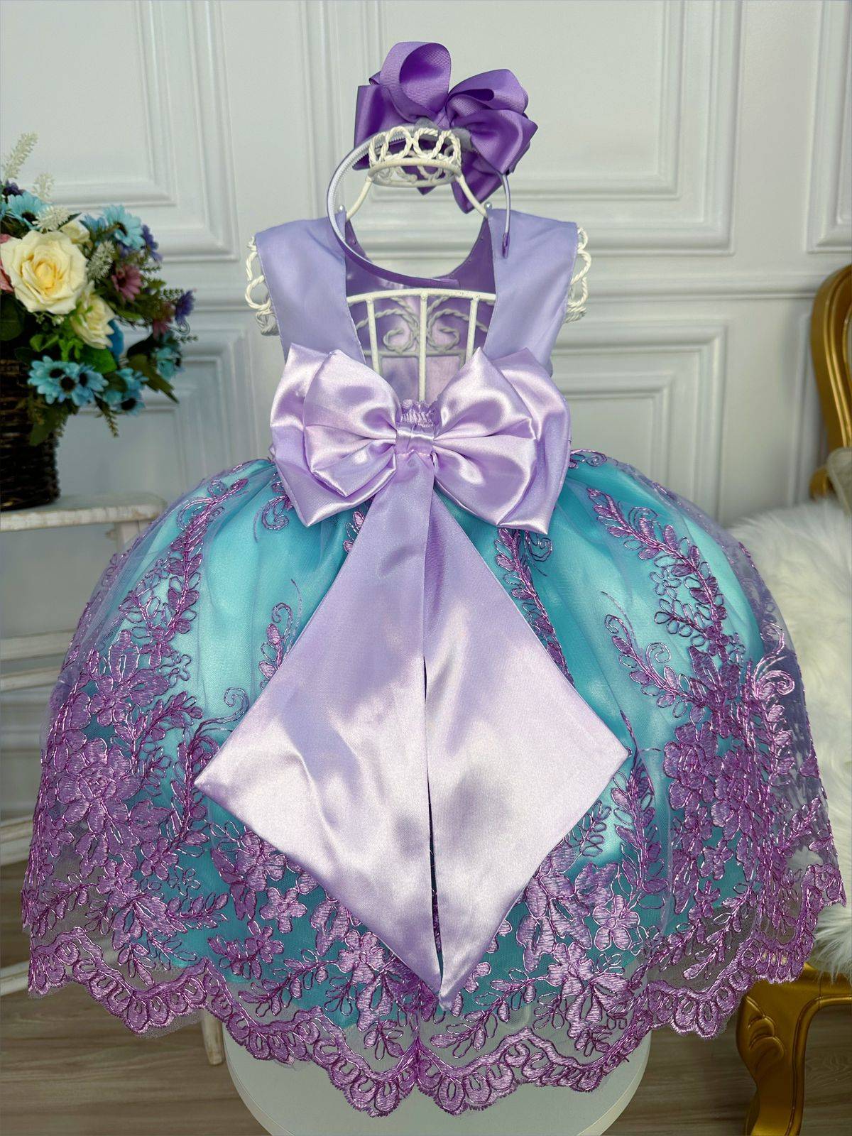 Vestido infantil de princesa Ariel con encaje y cinturón de perlas