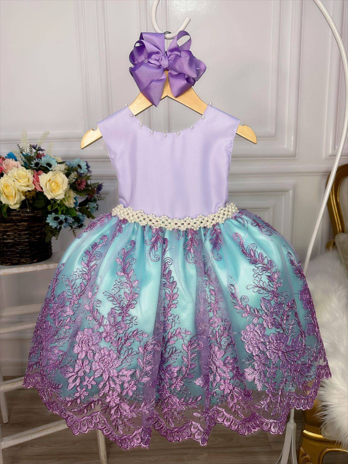 Vestido infantil de princesa Ariel con encaje y cinturón de perlas