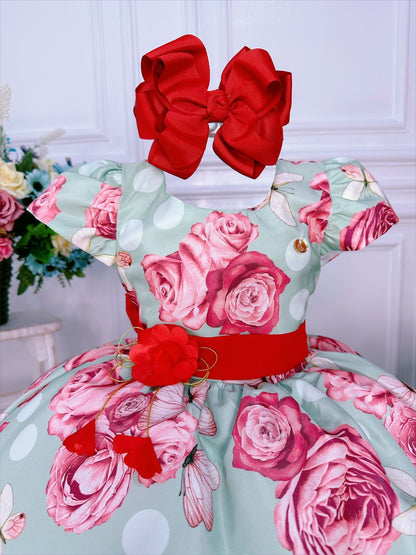 Vestido infantil con broche de mariposas verdes 