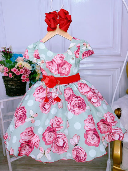 Vestido infantil con broche de mariposas verdes 