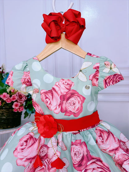 Vestido infantil con broche de mariposas verdes 