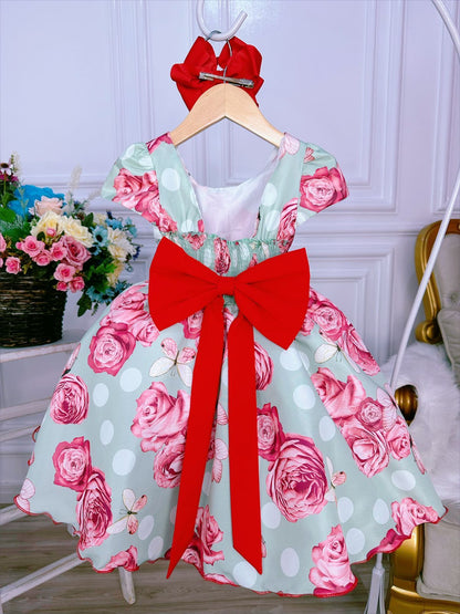 Vestido infantil con broche de mariposas verdes 