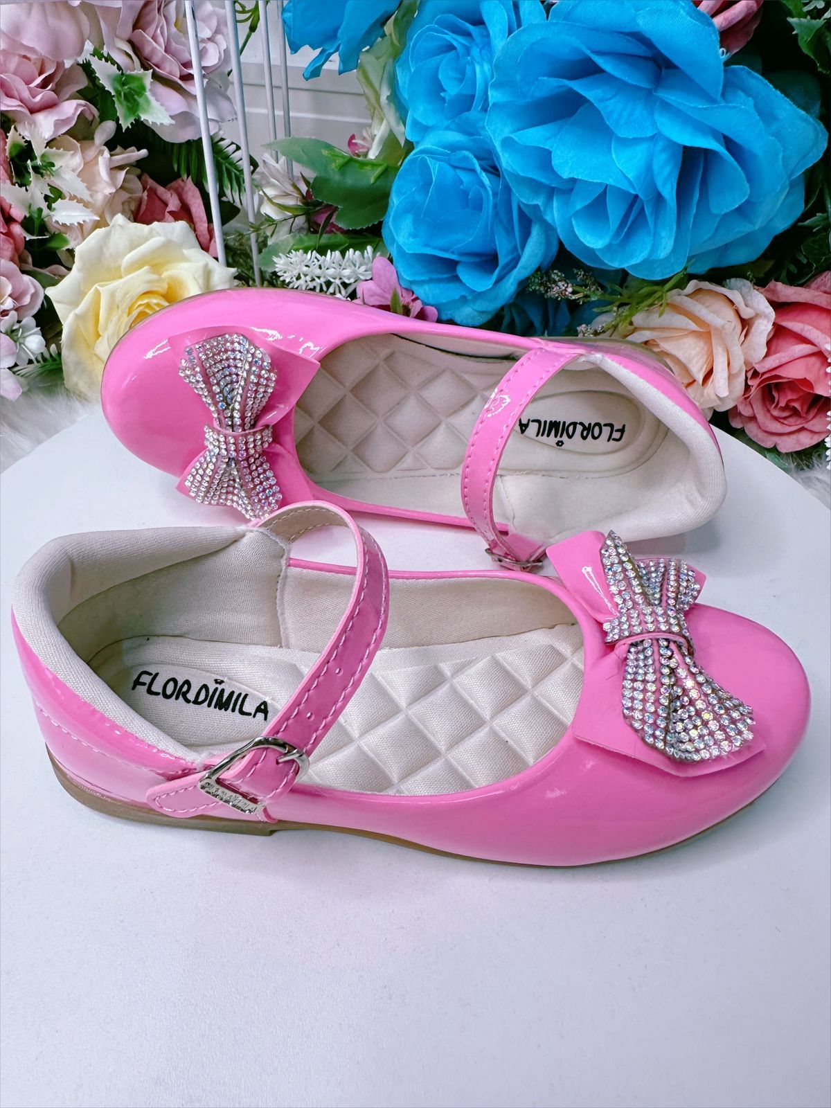 Sapatinho Rosa Chiclete Verniz Com Lacinho Strass Luxo