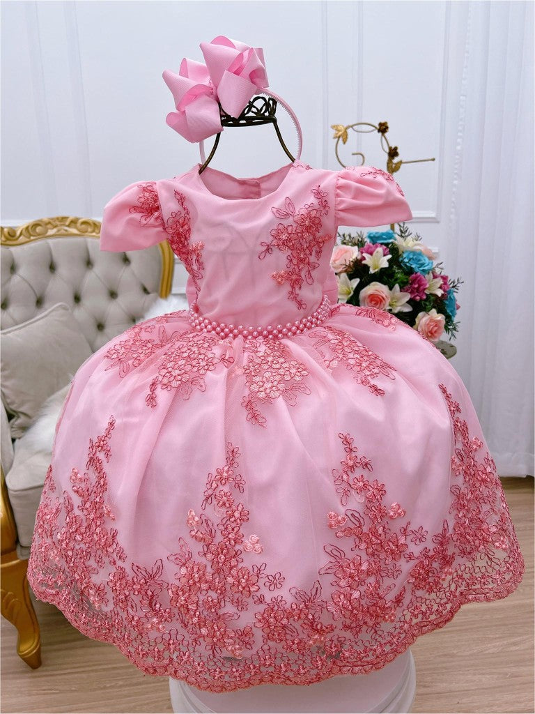 Vestido de fiesta infantil de encaje rosa con cinturón de perlas
