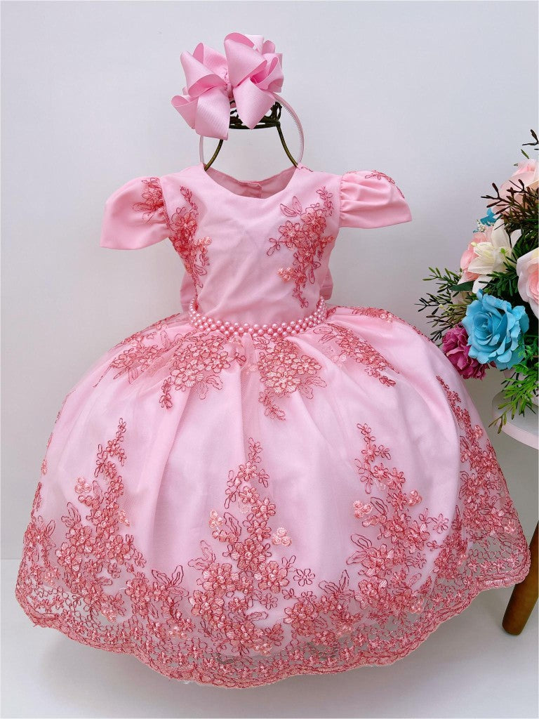 Vestido de fiesta infantil de encaje rosa con cinturón de perlas