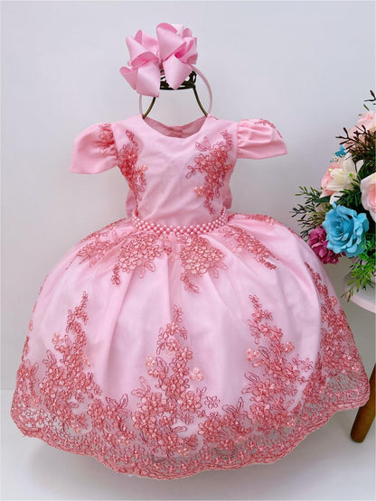 Vestido de fiesta infantil de encaje rosa con cinturón de perlas